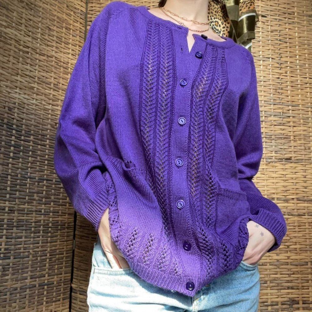 Vintage National Purple Thick Knit Button Down Cardigan Sweater size 2X